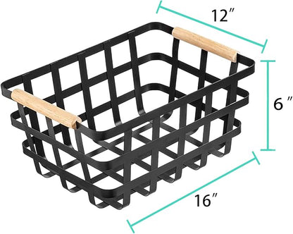 2 Pack X-Large Wire Metal Baskets Thick functional Storage Organizer Farmhouse fruit Bin with Wood Handles for Pantry Cabinets Rustic Kitchen Counter Closet Under Sink, Entryway- Black Upgraded