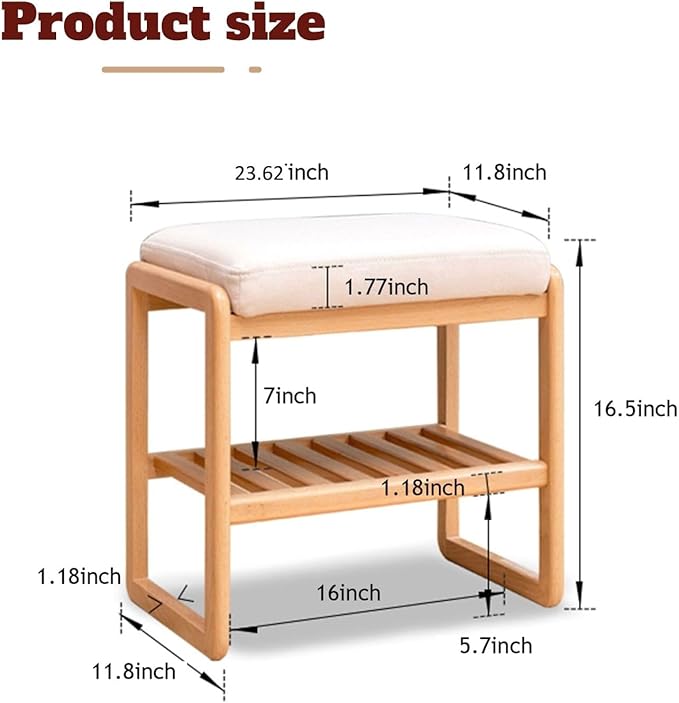 Shoe Bench with Cushion, Solid Wood Shoe Bench Fully Assembled, Modern Shoe Rack Bench for Entryway, Living Room, Bedroom, Hallway, 11.8" x 23.6" x 16.5", Natural