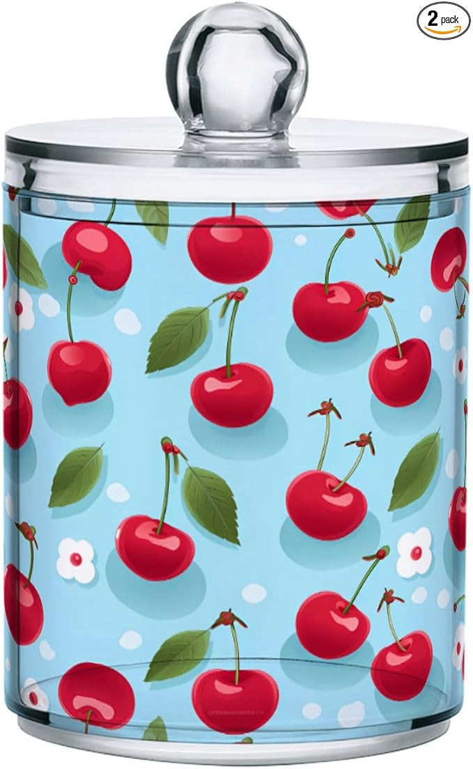 MNSRUU 2 Pack Qtip Holder Organizer Dispenser Cherries and Flowers Pink Bathroom Storage Canister Cotton Ball Holder Bathroom Containers for Cotton Swabs/Pads/Floss