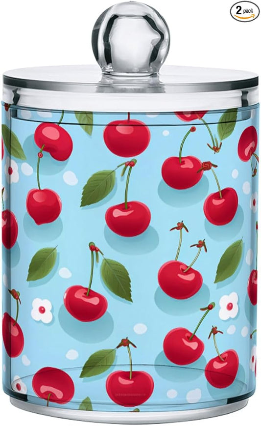 MNSRUU 2 Pack Qtip Holder Organizer Dispenser Cherries and Flowers Pink Bathroom Storage Canister Cotton Ball Holder Bathroom Containers for Cotton Swabs/Pads/Floss