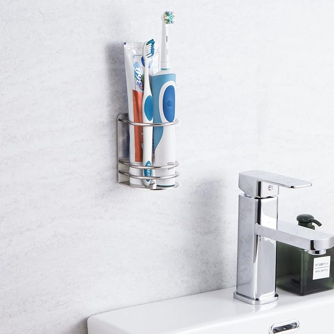 Tiilan Toothbrush Holder Wall Mounted, Bathroom Storage Stand for Razor, Toothpaste - Self Adhesive, Stainless Steel, Silver