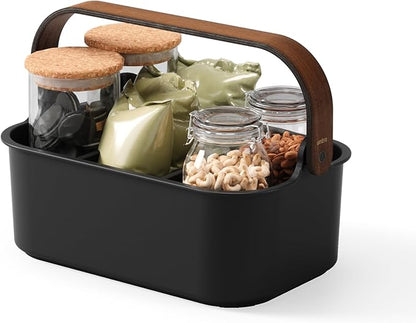 Umbra Bellwood Stackable Bin, 11" x 7" Durable Lightweight Container with Wooden Handle and Removable Dividers, Black/Walnut