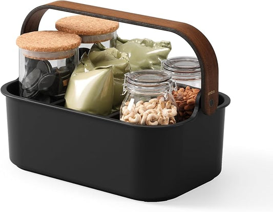 Umbra Bellwood Stackable Bin, 11" x 7" Durable Lightweight Container with Wooden Handle and Removable Dividers, Black/Walnut
