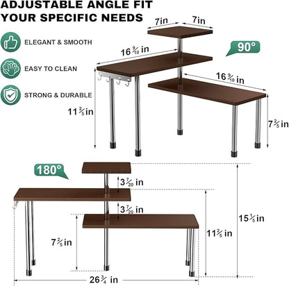 ZHWS Bathroom Counter Organizer for MakeUps, Dresser Table, Kitchen Countertop Organizer Adjustable 3 Tier Corner Shelf with 4 Metal Hooks for Coffee Bar, Spice Rack, Over Sink