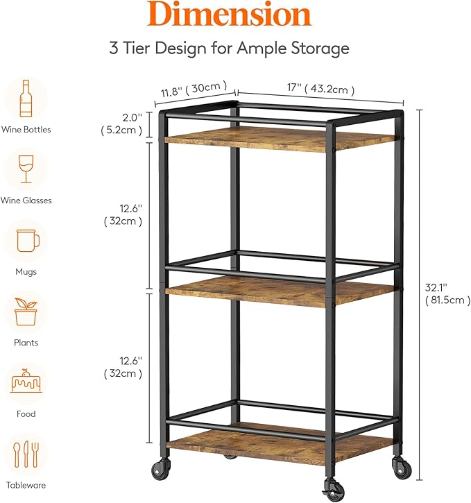 Lifewit Bar Cart for The Home, 3 Tier Rolling Wine Cart, Drink Serving Cart with Lockable Wheels, Mini Liquor Utility Cart for Dining Living Room, 43 x 30 x 81.5 cm/17x 11.8 x 32.1 inch, Rustic Brown