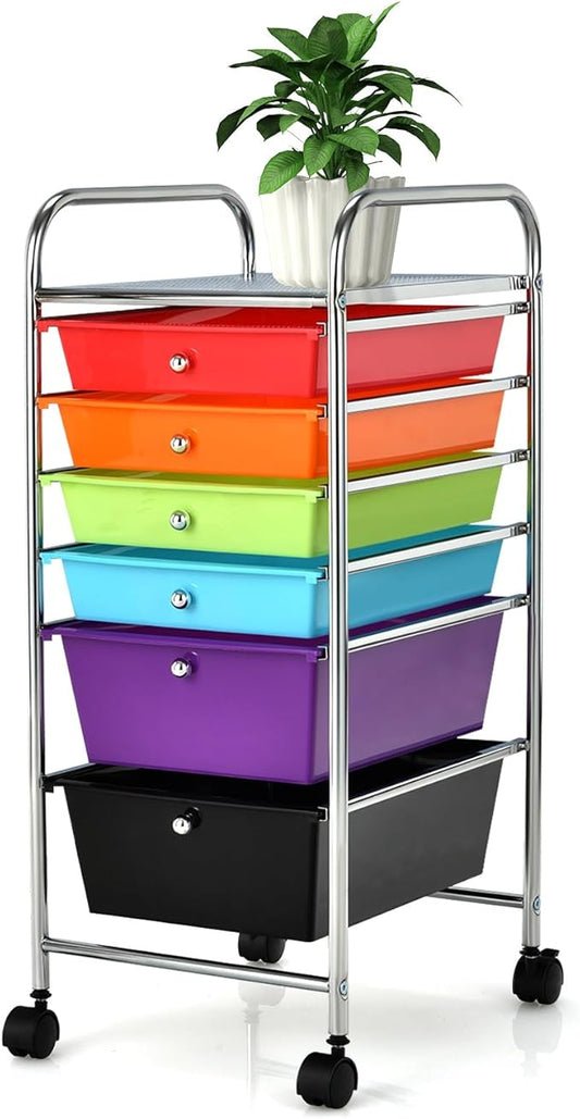 Happygrill 6-Drawer Organizer Cart Tools, Mobile Utility Storage Cart with Removable Drawers & Lockable Wheels, Rolling Storage Cart with Wheels for Home Office,Multicolor