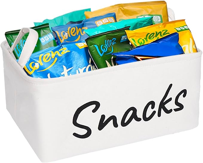 Snack Bin for Pantry - Snack Storage Basket Organizer for Storing Chips, Cookies, Pretzels, Popcorn and more - Kitchen Organization (White 1pcs)