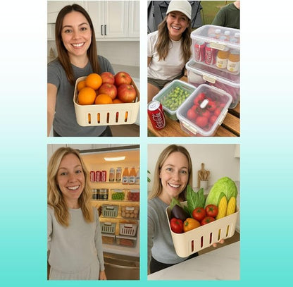 DAZZLEREE Fruit Containers for Fridge Keep Fresh, 5-Pack Produce Containers for Fridge with Lids, Meal Prep Containers, Food Organizer with Removable Colander, Microwave & Dishwasher Safe (Cream)