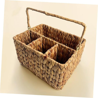 PRETYZOOM Woven Cutlery Holder with Handle Divided Utensil Storage Basket for Kitchen Organization Handmade Vine Material Portable and Practical Design for Dining Table Use