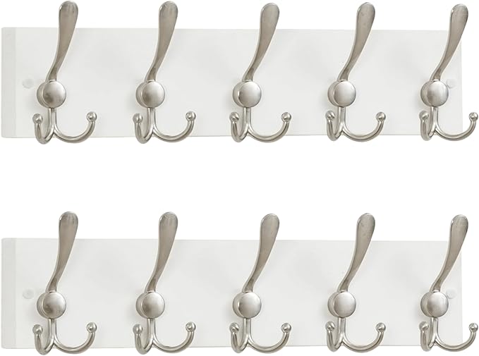 SKOLOO Creations White Solid Wood Wall Mounted Coat Rack, 5 Hooks, 16-7/8" Long - Kitchen, Mudroom, Entryway, Bathroom - Includes Mounting Hardware, Wall Coat Hanger, Towel Rack, Pack of 2