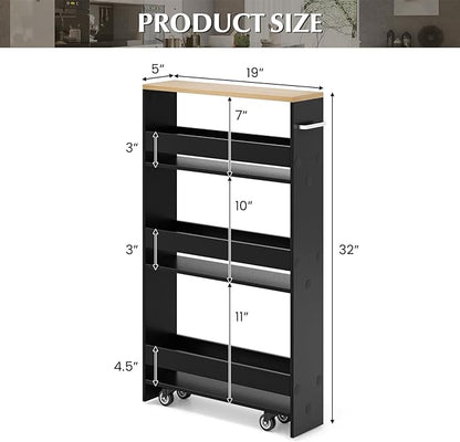 LOKO Slim Storage Cart, 4-Tier Rolling Cart with Handle & Wooden Top for Kitchen Bathroom Laundry Living Room Narrow Small Spaces, 5 Inches Width (Black & Natural)