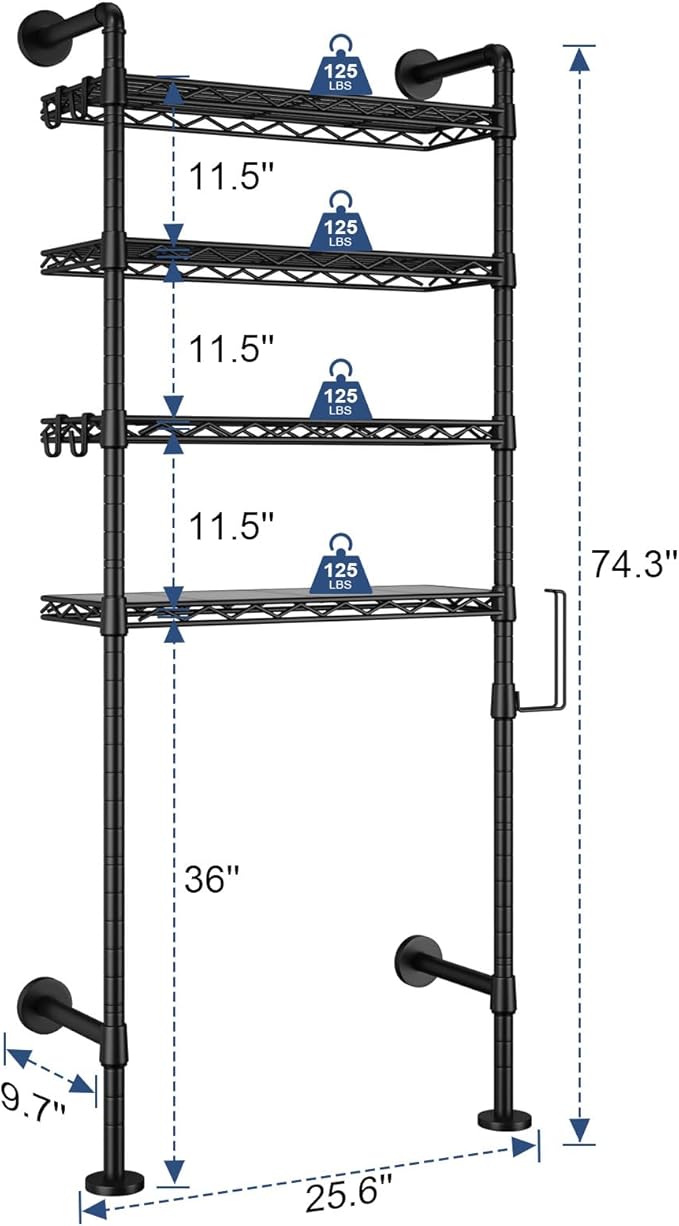 Roxibelt K3 Wall Mounted 4-Tier Over the Toilet Storage，Metal Above Toilet Storage with Paper Hook，Over Toilet Bathroom Organizer with Adjustable Shelf，Above Toilet Rack 9.7"D x 25.6"W x 74.3"H，Black