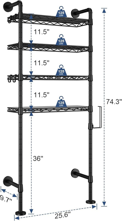 Roxibelt K3 Wall Mounted 4-Tier Over the Toilet Storage，Metal Above Toilet Storage with Paper Hook，Over Toilet Bathroom Organizer with Adjustable Shelf，Above Toilet Rack 9.7"D x 25.6"W x 74.3"H，Black