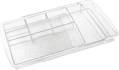 mDesign Expandable Makeup Organizer for Bathroom Drawers, Vanities, Countertops: Organize Makeup Brushes, Eyeshadow Palettes, Lipstick, Lip Gloss, Blush, Concealer - Adjustable Width - Clear