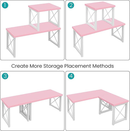 ELITEROO Desktop Shelf, 2 Tier Independent Stackable Desk Stand, Adjustable Freestanding Table Top Mini Bookshelf, Aesthetic Storage Organizers for Women/Girls/Daughter, Pink