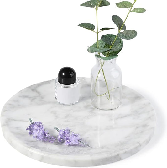 Natural Marble Decorative Tray for Bathroom Bedroom Kitchen Dresser, 9.8” Round Vanity Trays for Jewelry, Perfume, Cosmetic, Candle, Countertop Storage Organizer for Home Decor White, Arabescato