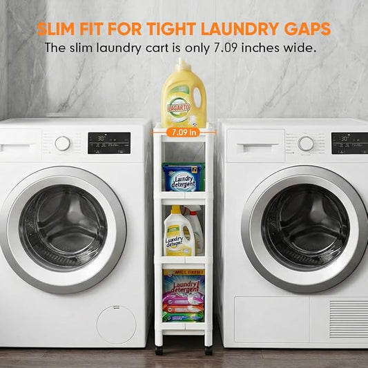Laundry Room Cart Between Washer and Dryer Storage, Expandable Slim Laundry Cart with Wheels, 4 Tier Slim Storage Rolling Carts for Laundry Room Organization and Storage
