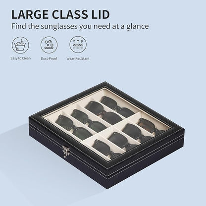 AUTOARK Large Top Glass Lid Sunglasses Organizer Case,10-Slot PU Leather Lockable Storage Box for Eyeglasses,Watch,Jewelry,Gift for Home,Black,MKAW-111