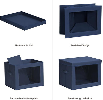 Stackable Storage Bins with Lids - Large Decorative Basket with Lids, Fabric Foldable Closet Organizer Bins, Shelf Organizer for Living Room, Dorm, 5 Pack, Navy Blue
