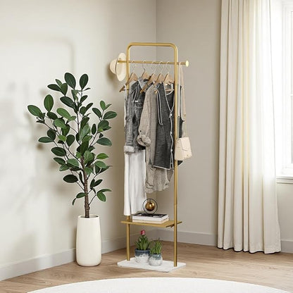 Gold Clothing Rack, Freestanding Coat Rack with Metal Shelves and Natural Marble Base, Small Clothes Stand Organizer for Bedroom, Entryway, Apartment (Gold, 19.7")
