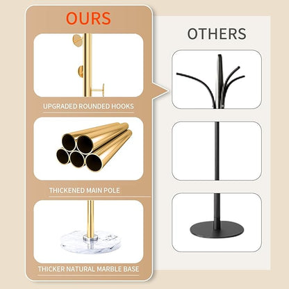 Modern Metal Coat Rack Stand with Natural Marble Base, Heavy Duty Coat Rack Freestanding with 8 Hooks, Golden Standing Coat Racks Hall Tree Stand for Bag, Jacket, Entryway Office