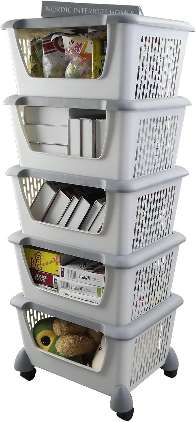 5-Tier Plastic Stackable Storage Bins for Pantry, Stacking Organizing Baskets with Wheels