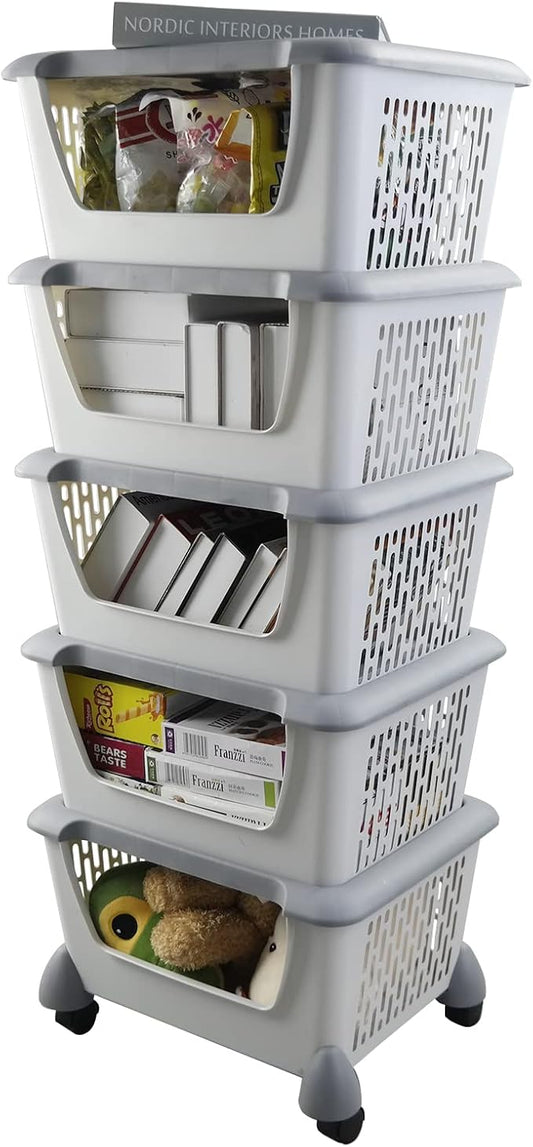 5-Tier Plastic Stackable Storage Bins for Pantry, Stacking Organizing Baskets with Wheels