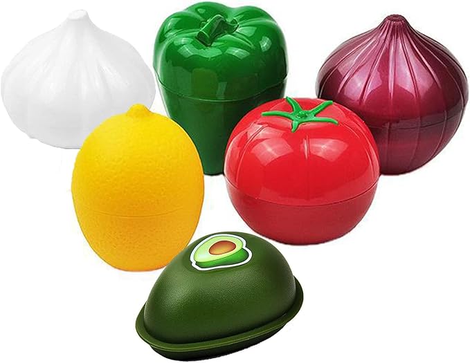 Tiydiygo 6PCS Fresh Food Savers Vegetable Fruit Shape Containers Set,Reuseable Avocado Lemon Tomatoes Pepper Onion Garlic Storage Keeper Sealing Box Fresh Bowls for Refrigerators