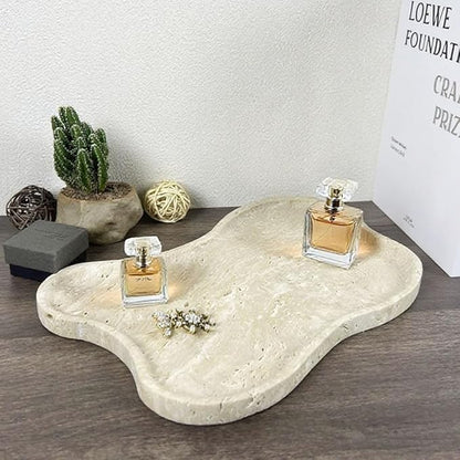 Cloud Shape 100% Natural Travertine Tray Luxury Travertine Vanity Organizer for Bathroom Kitchen Counter, Decorative Tray for Dresser Home Décor, 13.3x8.3x0.7 inches