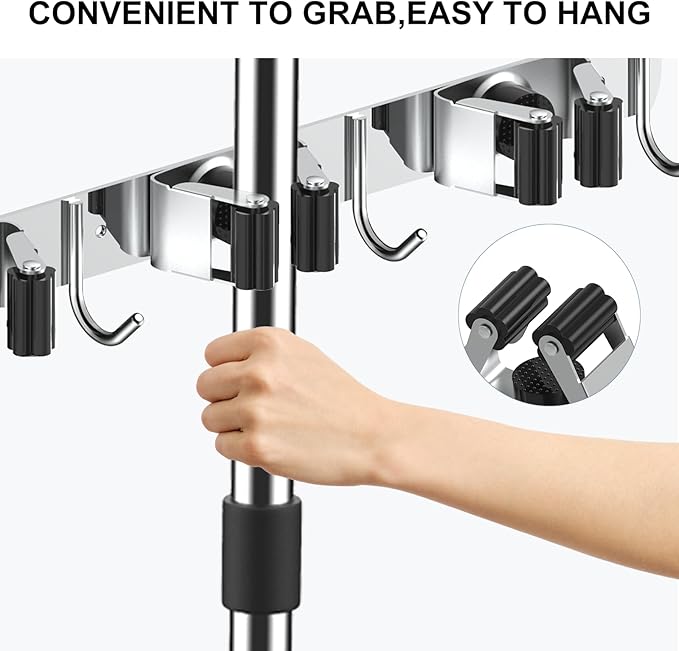 2 Pack Broom Holder Wall Mount Mop Hanger, Stainless Steel 4 Racks 5 Hooks Self Adhesive Heavy Duty Tool Organizer for Garage Kitchen Garden Laundry Room Home (Silver）