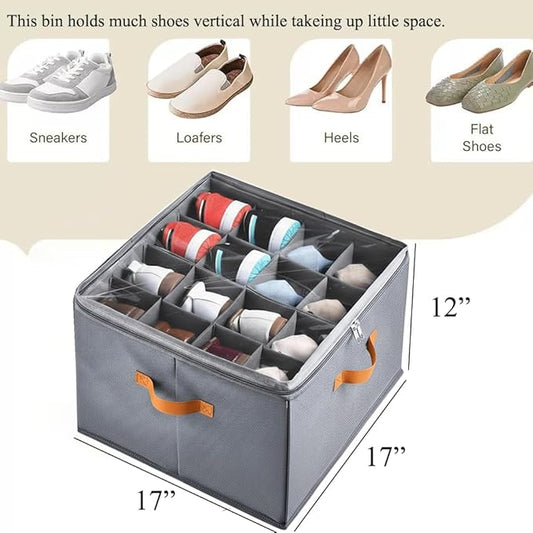 Yagizaai Foldable Shoe Organizer Box for Closet & Under-Bed, Adjustable Dividers, Holds up to 16 Pairs, Stackable, Gray with Clear Cover & Leather Handles, 17x17x12 inch