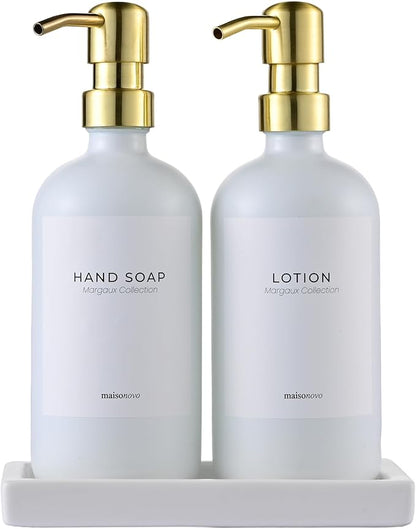 MaisoNovo Soap Dispenser 3-Piece Set | 16.9oz White Bottles Gold Plastic Pumps with Ceramic Tray
