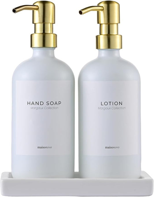 MaisoNovo Soap Dispenser 3-Piece Set | 16.9oz White Bottles Gold Plastic Pumps with Ceramic Tray