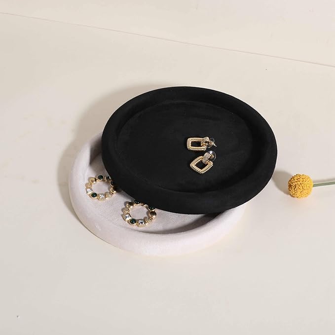 GemeShou Round Jewelry Organizer Plate, Top Microfiber Velvet Jewelry Display Tray, Empty Jewelry Showcase Tray for Necklaces, Bracelets, Rings, Earrings (Black-Medium, 7.9 x 7.9 in)