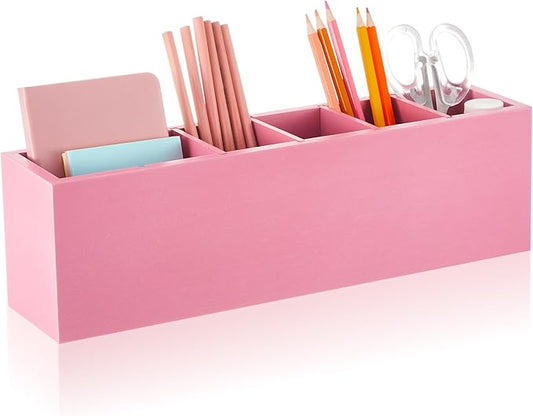 Jetec Wooden Pencil Pen Holder for Desk 6 Compartments Wood Office Desk Organizers for Countertop Adjustable Makeup Brush Organizer Silverware Caddy for Party, Home, Art Supplies(Pink)