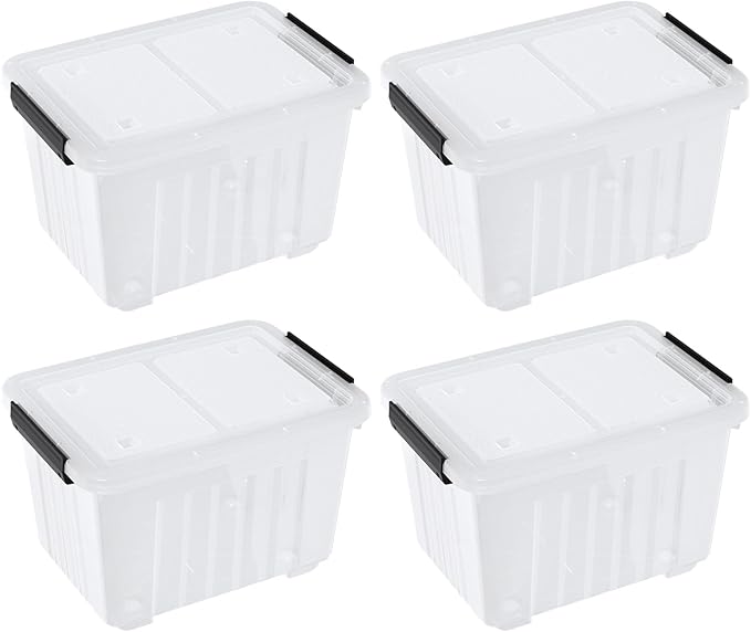 30 L Clear Latching Storage Bin with Wheels, 4 Packs Plastic Storage Container Boxes with Lids