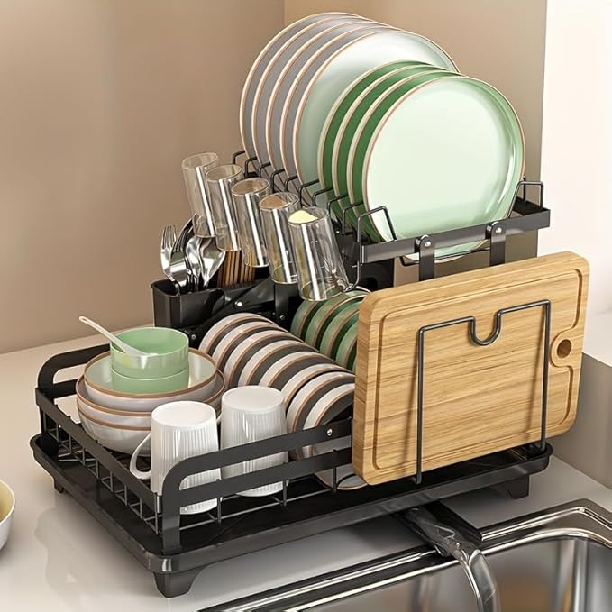 HOISIMDY 2 Tier Dish Drying Rack Automatic Drainage Board Space-Saving for Kitchen Counter with Cups Holder