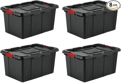 Sterilite 8-Pack Industrial Tote, Plastic Storage Bins with Lids, 27 Gallon, Black - Heavy-Duty Organizing Containers for Closet, Bathroom, and Office