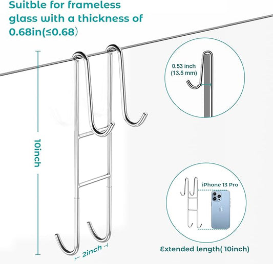 Cerbonny Shower Door Hooks (10 Inch), 2 Pack Extended Towel Hooks for Bathroom, Over Door Hooks, Shower Hooks for Frameless Glass Door, Silver