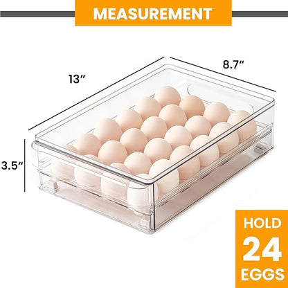 vacane 24 Capacity Egg Holder for Refrigerator, Egg Drawer for Fridge Pull Out Egg Storage Container with Non-Slip Pads Clear Egg Tray Egg Organizer - 2 Pack