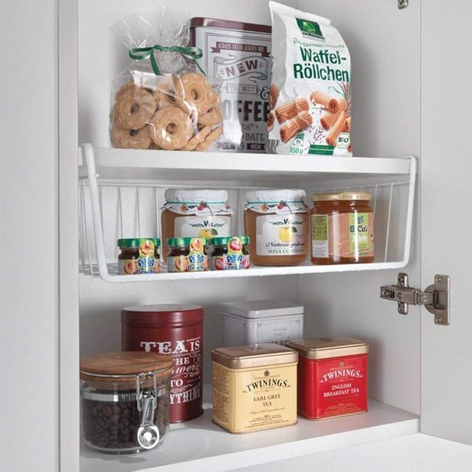 Modern Home Under Shelf Wire Storage Baskets – Hanging Organizer Rack for Cabinet, Pantry, or Closet – White Metal Basket for Kitchen, Towels, or Office – No Tools Required (Set of 4 15")