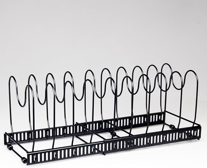 WUETOAYA Expandable Pots and Pans Organizer Rack, Pot Lid Kitchen Cabinet Organizer Holder with 10 Adjustable Compartment, Cookware Rack for Kitchen Cabinet Storage, Black