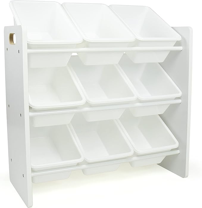 Humble Crew 9-Bin Toy Organizer – Cambridge White Plastic Bins, 3-Tier Storage Solution for Kids' Playrooms and Nurseries