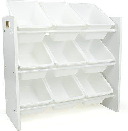 Humble Crew 9-Bin Toy Organizer – Cambridge White Plastic Bins, 3-Tier Storage Solution for Kids' Playrooms and Nurseries