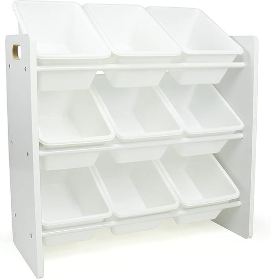 Humble Crew 9-Bin Toy Organizer – Cambridge White Plastic Bins, 3-Tier Storage Solution for Kids' Playrooms and Nurseries