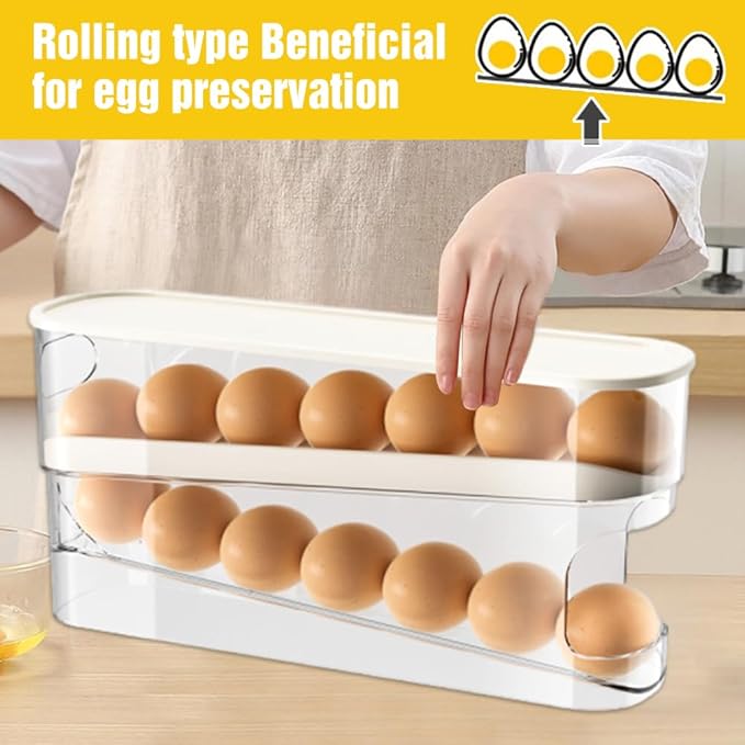 2025 New Egg Holder for Fridge, Egg Organizer for Refrigerator Automatic Scrolling Eggs Rack Holder Rolling Dispenser Stackable Container and Storage for Refrigerator with Lid