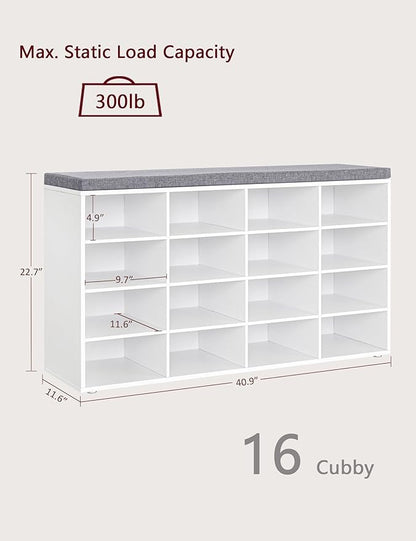 DINZI LVJ Shoe Storage Bench with Cushion, 16-Cubby Shoe Rack, Adjustable Shelves, Multifunctional Shoe Organizer Bench for Entryway, Mudroom, Hallway, Living Room, Bedroom and Garage, White