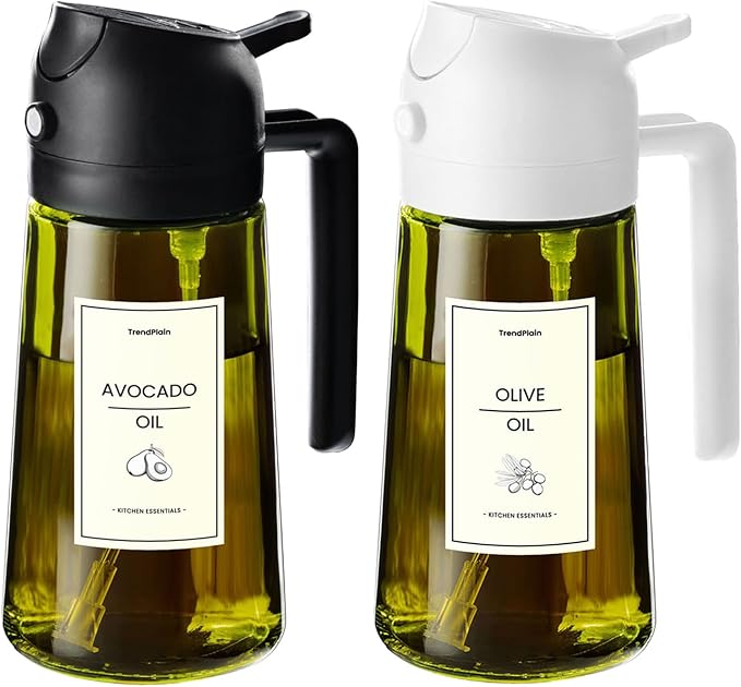 TrendPlain - Original 16oz/470ml Olive Oil Dispenser Bottle for Kitchen Gadgets and Air Fryer Accessories - Olive Oil Sprayer for Cooking w/Stickers - Black&White