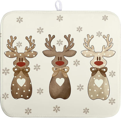 Wnoesat Christmas Reindeer Snowflakes Dish Drying Mat for Kitchen Counter 16x18 Inch Winter Xmas Holiday Drying Pads Microfiber Absorbent Dish Draining Mat Large Dish Drainer Rack Mat