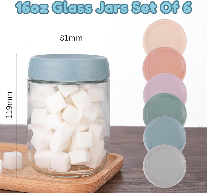 BCnmviku 16oz Glass jars with Airtight Lids, Overnight Oats Containers with Lids, Wide mouth Mason Salad jars, Glass Food Storage Containers for Snacks Yogurt Spice Sugar (6pack-Multicolor-16oz)